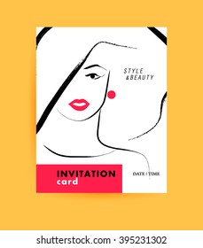 Creative artistic cards with hand drawn girl. Fashion beauty model illustration. Close up, make up, accessories. Young attractive lady in hat. Party, performance, meeting invitation. Business card.