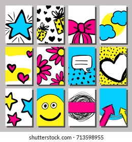 Creative artistic cards set. Vector illustration. Hand drawn elements.