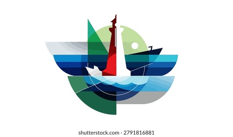 Creative artistic depiction of a port using colorful geometric shapes, ideal for modern maritime branding or decorative posters.