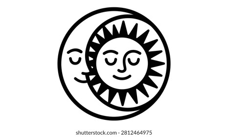 Creative artistic depiction of sun and moon conjoined. Features human faces in peaceful zen style for mystic art.