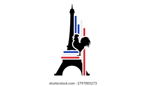 A creative artistic design featuring a silhouette of the Eiffel Tower combined with a proud Gallic rooster and red white and blue French flag color accents