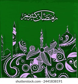 Kreatives künstlerisches Design mit Moschee von schönem Blumendesign gemacht, und arabisch-islamische Kalligraphie des Textes Ramadan Kareem auf grünem Hintergrund für islamischen heiligen Monat der Gebete, Feiern.
