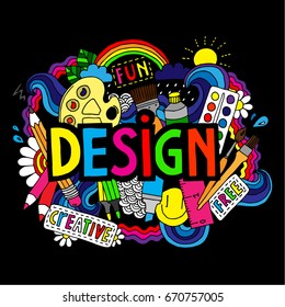 Creative artistic doodle design concept. Painter pools cartoon line illustration. Creative poster about design.