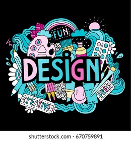 Creative artistic doodle design concept. Painter pools cartoon line illustration. Creative poster about design in pastel colors.