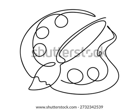 A creative artistic expression, a minimalistic line art illustration depicting an artist's palette, with brushstrokes and color dots forming a visual symbol of art and creativity.