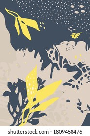 Kreativer, floraler Hintergrund. ausgeschnittene Formen. Kunstszene der Saison. Trendy vertikales Grafikdesign für Banner, Poster, Karte, Cover, Einladung, Plakat, Broschüre, Header, Wandkunst und mehr.