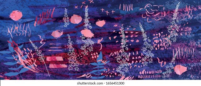 Creative artistic floral background with flowers, leaves and hand painted textures. Modern romantic graphic design for banner, poster, postcard, cover, invitation, placard, brochure or a web header.
