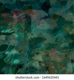 Creative artistic floral background with wild plants, leaves,  and hand painted textures. Romantic graphic botanical design for banner, poster, postcard, cover, invitation, brochure or a web header.