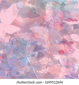 Creative artistic floral background with wild plants, leaves, hand painted textures. Romantic graphic botanical design for banner, poster, postcard, cover, invitation, placard, brochure for web header