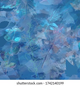 Fondo floral artístico creativo con plantas silvestres, hojas y texturas pintadas a mano. Diseño botánico gráfico romántico para banner, afiche, postal, portada, invitación, folleto o cabecera web.