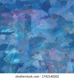 Creative artistic floral background with wild plants, leaves,  and hand painted textures. Romantic graphic botanical design for banner, poster, postcard, cover, invitation, brochure or a web header.
