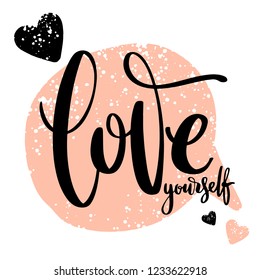 Creative artistic hand drawn card. Vector illustration. Love template. Love yourself words with hearts on call out shape textured background.