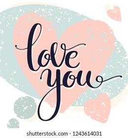 Creative artistic hand drawn card. Vector illustration. Love template. Love you words with hearts on call out shape textured background.