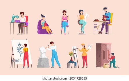 Creative artistic hobbies set. People doing favorite hobby draw, knit, sew toys, furniture restoration, sculpture, knitting, pottery, embroidery. Man and woman amateurs leisure activity cartoon vector