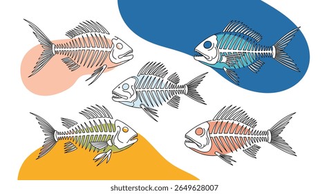 Creative artistic illustration of fish skeletons in various colors and shapes amidst abstract background elements