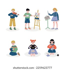 Creative and Artistic Kids Having Various Hobby and Activity Vector Set