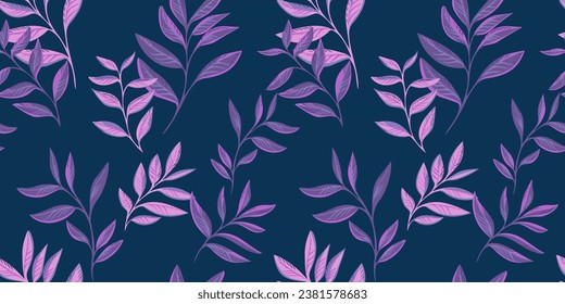 Creative, artistic leaf stem seamless pattern. Vector hand drawn. Simple, purple leaves on a dark blue background print.  Template for design, textile, fashion, surface design, fabric, interior decor