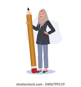 Creative Artistic. Muslim Woman in hijab with Large Pencil. 