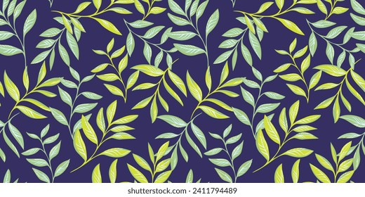 Kreative künstlerisch lebendige Zweige lassen sich in einem nahtlosen Muster verflochten. Vektorhandgezeichnet. Botanischer tropischer Blumendruck auf dunkelblauem Hintergrund. Design für Mode, Stoff, Tapete.