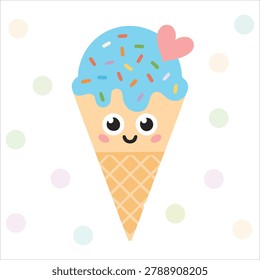 Creative artistic visual of card kawaii ice cream waffle cone funny muzzle pinkish cheeks winking eyes designed as playful cartoon graphic for celebration concepts