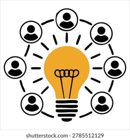 Creative artistic visual of shows yellow lightbulb three people icons around representing teamwork communication idea sharing displayed as modern flat design for web and print
