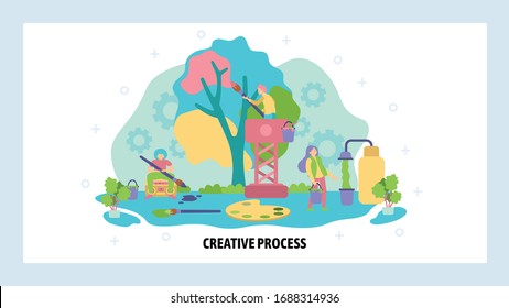 Creative artists paint tree. Art, design and creativity concept. Painting palette, colors, people. Vector web site design template. Landing page website illustration.