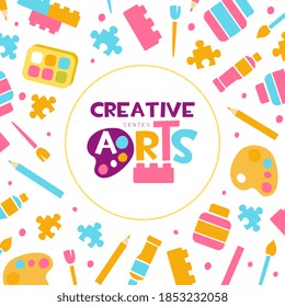 Plantilla de banner de artes creativas, educación infantil, arte, artesanía, clase de creatividad, diseño escolar, material de arte e ilustración de vectores de dibujos animados sin inconvenientes