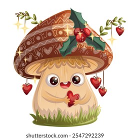 A creative arts cartoon illustration of a mushroom wearing a costume hat with hearts hanging from it, standing next to a tree.