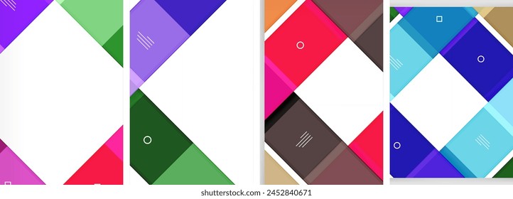 Una composición artística creativa de cuadrados, triángulos y rectángulos coloridos en tonos de púrpura, magenta y otros tonos sobre un fondo textil blanco, mostrando simetría y colorido vibrante