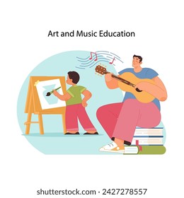 Concepto de artes creativas. Joven estudiante que pinta el florero en el caballete emparejado con el músico que rasguea la guitarra, aprendiendo a tocar el instrumento. Armonía de arte y educación musical. Ilustración vectorial plana