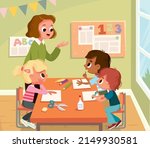 Creative Arts and Crafts Classes. Teacher and kids make paper DIY. After School Activities. Woman teach children, pupils to do things from paper at classroom. Creative children learn to do handicrafts