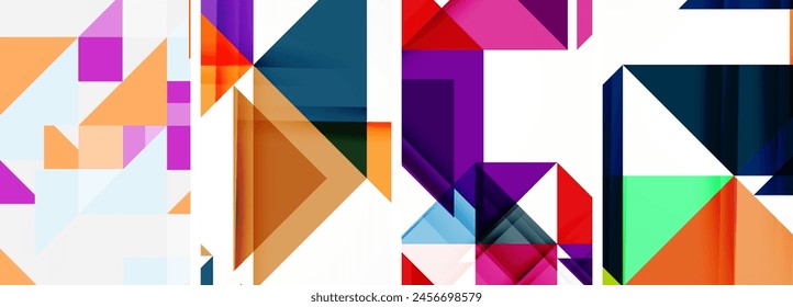 A creative arts display featuring a row of colorful triangles in shades of purple, violet, and magenta on a white background, showcasing symmetry and artistic design