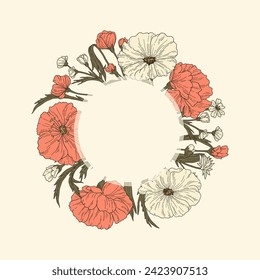 A creative arts headgear made of a beautiful wreath of red and white artificial flowers on a white background, showcasing a stunning pattern of petals