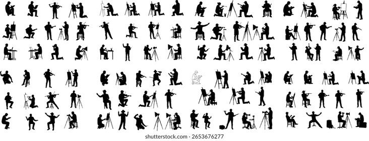 Conjunto de vetores de silhueta de artes criativas e passatempos | Ícones de artista, músico e fotógrafo