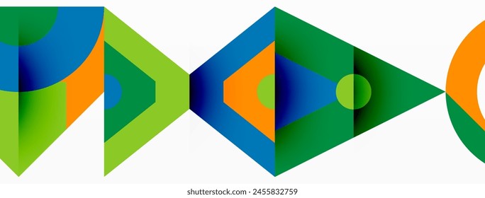 Una obra de arte creativo con un triángulo azul, un rectángulo verde y un círculo naranja sobre un fondo blanco. El patrón muestra simetría y matices y tonos de azul eléctrico