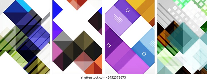 Una obra de arte creativo con un rectángulo marrón, triángulo púrpura, cuadrado violeta y cuadrado magenta sobre un fondo blanco. Simetría y sombras de color utilizadas para crear una composición visualmente llamativa