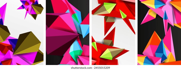 A creative arts piece featuring a collage of four different colored triangles on a white background, showcasing symmetry and pattern. The triangles are in magenta, textile, rectangle, and art styles