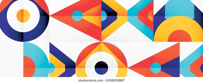 A creative arts piece featuring a colorful geometric pattern with circles and triangles in electric blue and red hues, creating symmetry on a white background