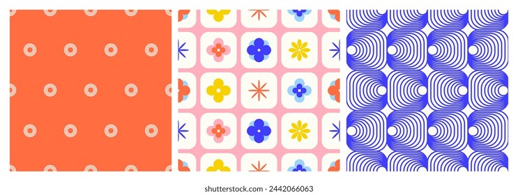 A creative arts piece featuring three unique patterns a magenta circle, an electric blue square, and a symmetrical design in font art. All set on a white background