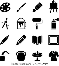 Creative arts tools and equipment illustrated as simple black silhouette icons with transparent background
