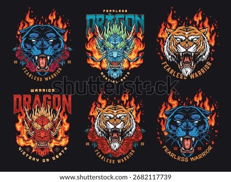 Creative artwork featuring fierce dragons and tigers engulfed in flames. Each design showcases mythical strength and warrior spirit perfect for tattoo or apparel enthusiasts.