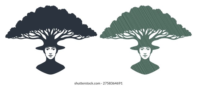 Creative artwork featuring man head evolving into broad tree top for ecological themes