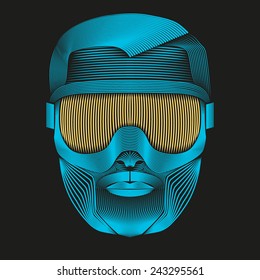 Creative Artwork of symbol skier or snowboarder with goggles make of lines. Vector Illustration.
