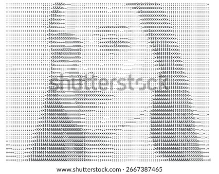 Creative ASCII art portrait made with text characters in black and white, digital abstract typography design.