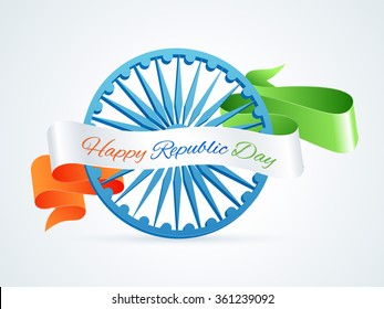 Creative Ashoka Wheel with glossy tricolour ribbon for Indian Republic Day celebration.