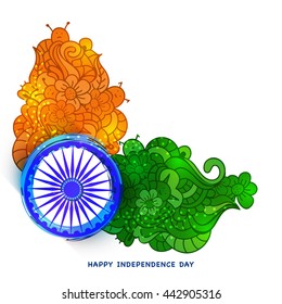 Creative Ashoka Wheel with saffron and green color floral design, Beautiful greeting card for Happy Indian Independence Day celebration.