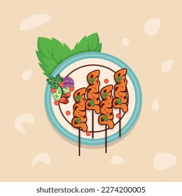 Ilustración de estancia de comida asiática creativa, mejor diseño de vectores satay colorido, vector premium. Ilustración de satay de calidad creativa premium de comida.