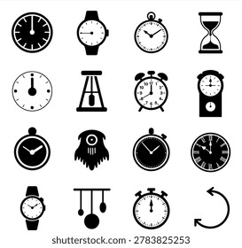 Creative assortment of various clock and timekeeping device icons featuring different styles and designs