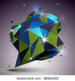 Creative asymmetric object with lines mesh. 3d colorful shiny complicated engineering abstraction with lights effect. Bright netting modeling element.