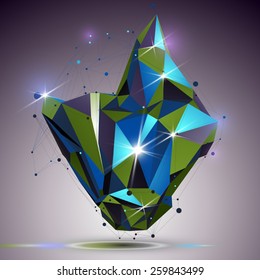 Objeto pulido asimétrico creativo con malla de líneas. 3d colorida y brillante abstracción de ingeniería complicada con efecto de luces. Elemento de modelado de red brillante.